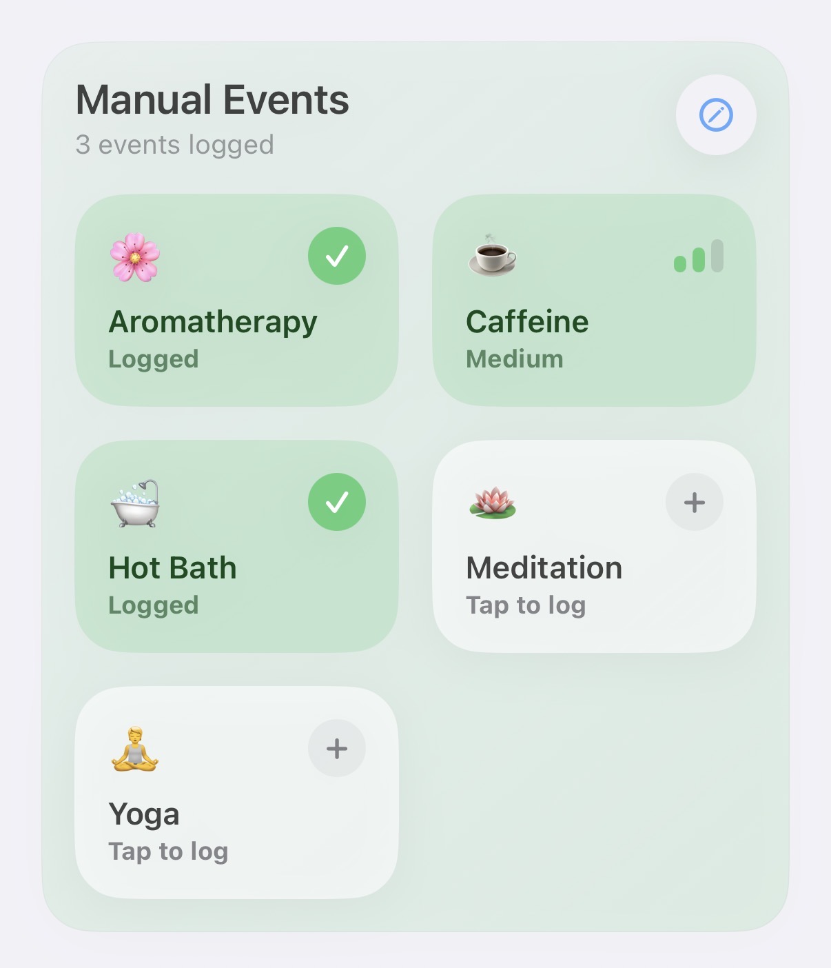 Manual Events grid with logged habits like Aromatherapy, Caffeine, and Yoga
